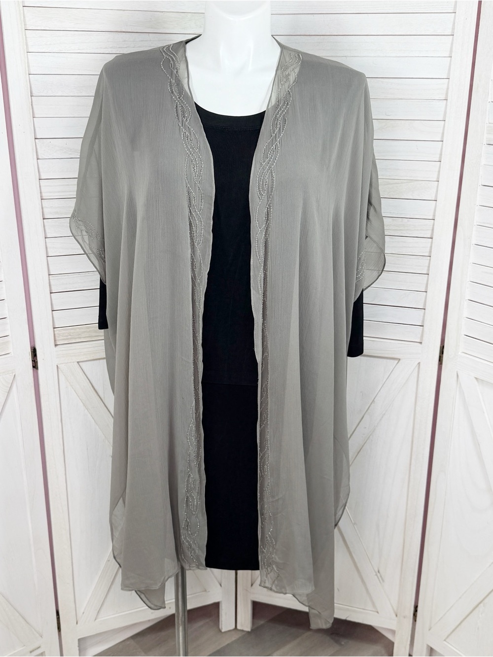 INC Intenational Concepts Sheer‎ Chiffon Beaded Kimono Cover Up Taupe Grey